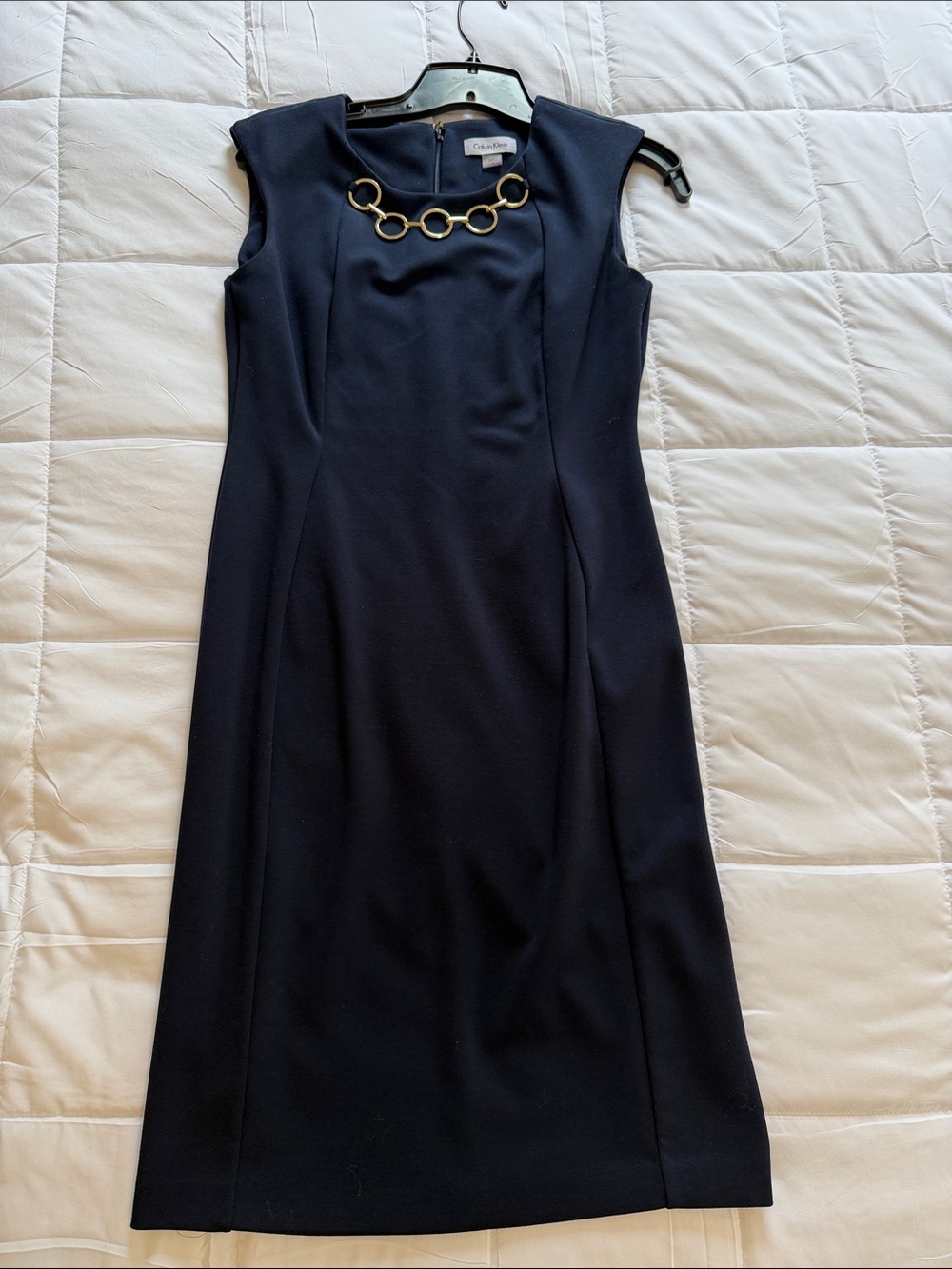 Calvin Klein Navy Sheath Dress with Gold Ring Neckline